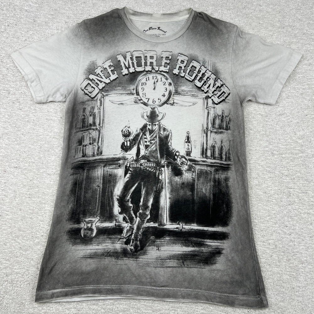 One More Round Mens Small Graphic T-Shirt Cowboy Saloon Grey Ombre Made in USA